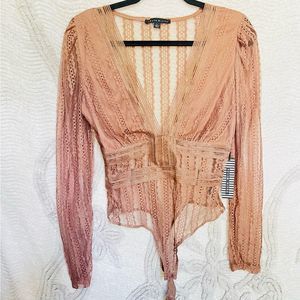 Haute Monde Tan Lacy Bodysuit - Size Large NWT